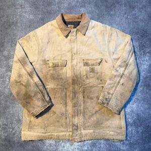 Vintage Carhartt Men's Lined Work Jacket Tan Brown Canvas Distressed